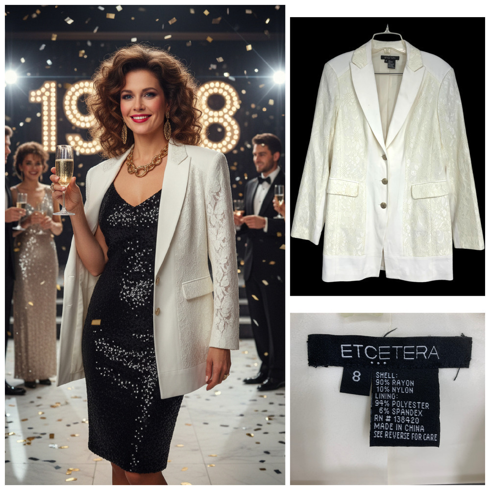 Vintage 1990's Et Cetera Sz 8 Off White Lace Panel Special Occasion Jacket Lined